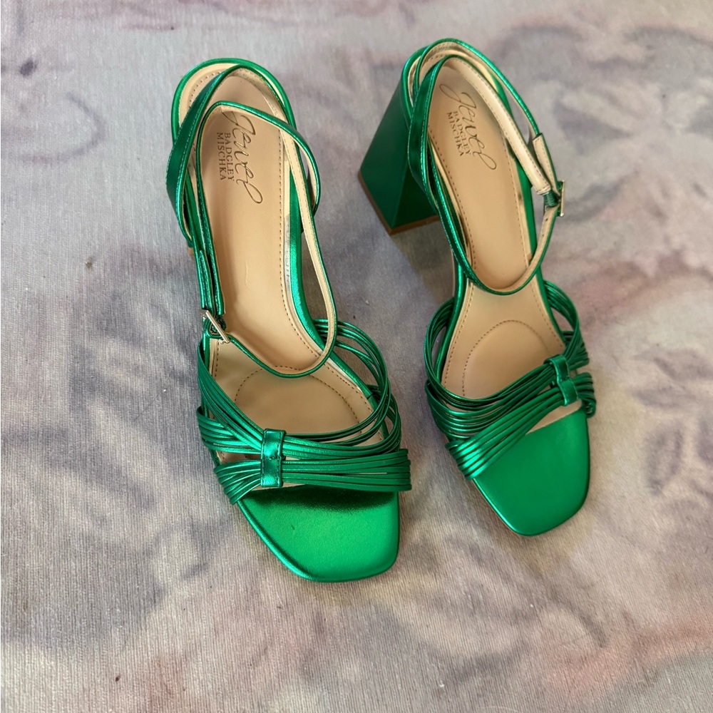 Jewel Badgley Mischka Michelle Green Metallic Strappy Block Heels / Size-8.5